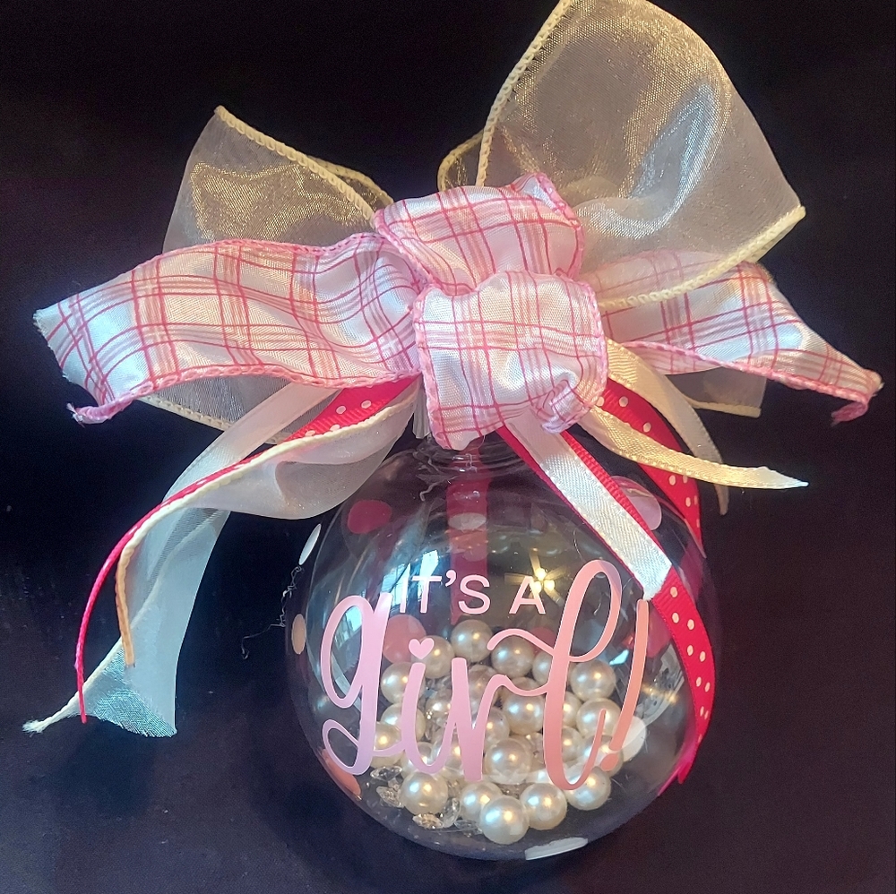 🆕 It's A Girl, Ivory Pearls and Shiny Gems in a Plastic Bulb, White Stand, NEW